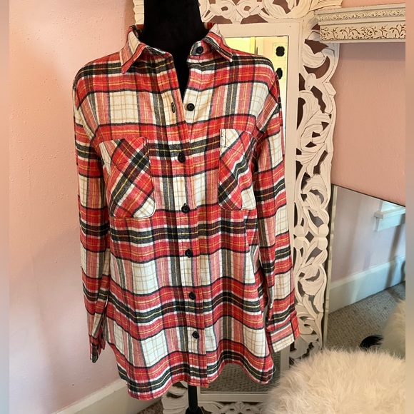 stillwater supply company Tops - Womens orange and black plaid shirt